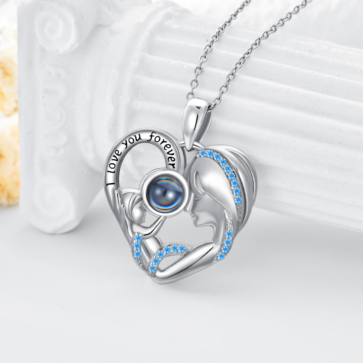 Sterling Silver Circular Shaped Projection Stone Heart Personalized Pendant Necklace with Engraved Word-6