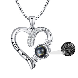 Sterling Silver Circular Shaped Projection Stone Mother & Heart Pendant Necklace with Engraved Word-52