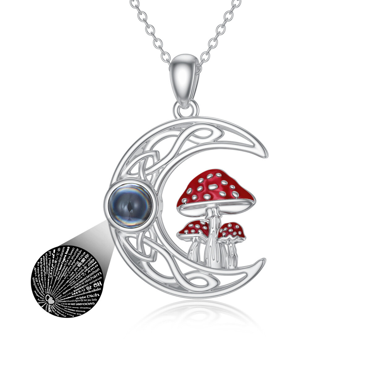 Sterling Silver Circular Projection Stone Mushroom & Celtic Knot Moon Pendant Necklace With Engraved Word For Women-1