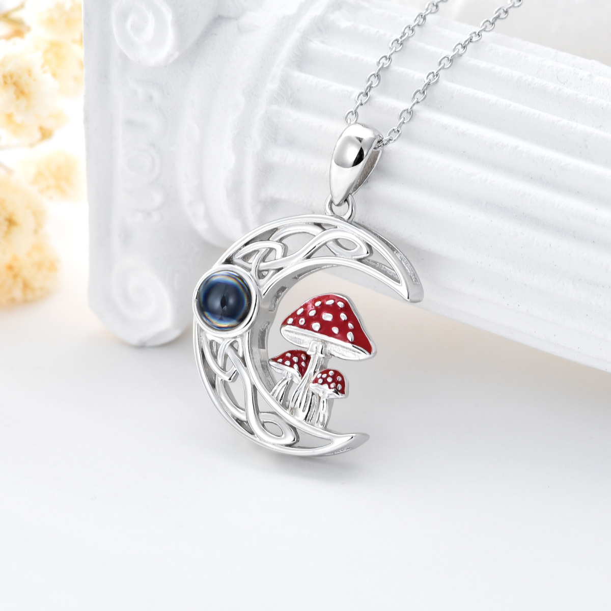 Sterling Silver Circular Projection Stone Mushroom & Celtic Knot Moon Pendant Necklace With Engraved Word For Women-3