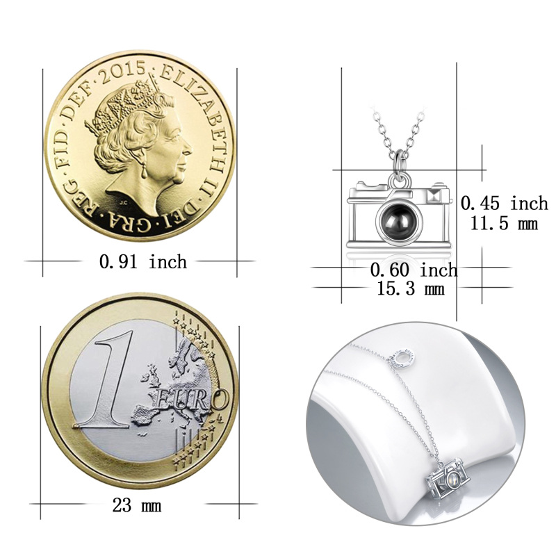 Sterling Silver Circular Shaped Projection Stone Camera Pendant Necklace with Engraved Word-5