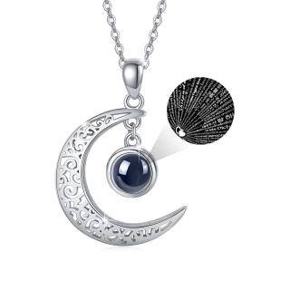 Sterling Silver Circular Shaped Projection Stone Personalized Projection & Moon Pendant Necklace-4