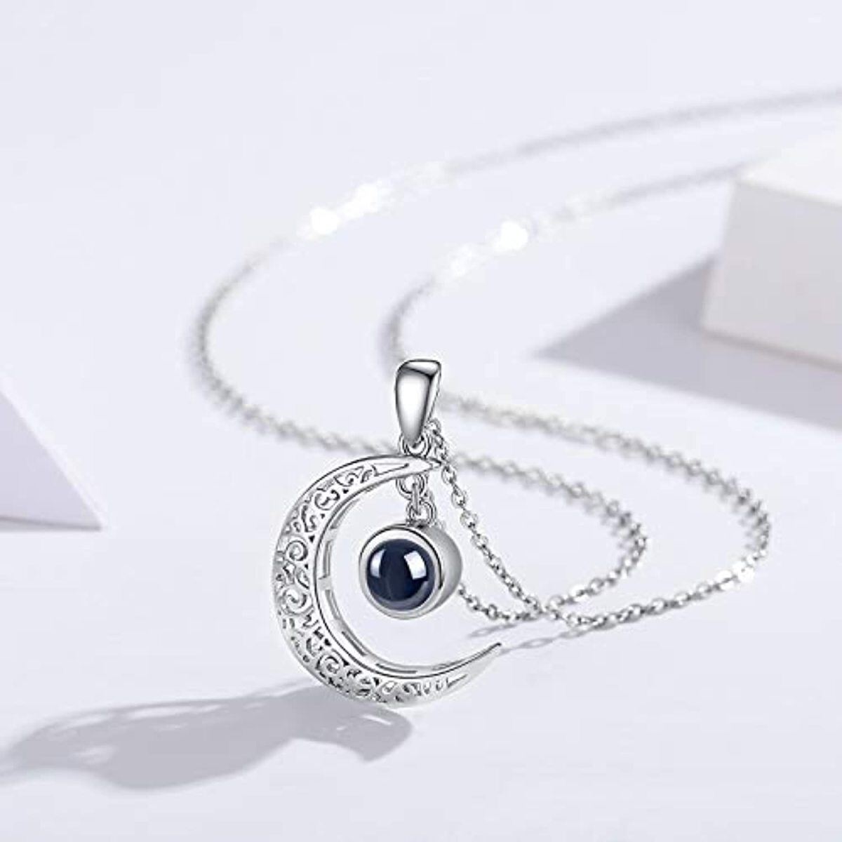 Sterling Silver Circular Shaped Projection Stone Personalized Projection & Moon Pendant Necklace-2