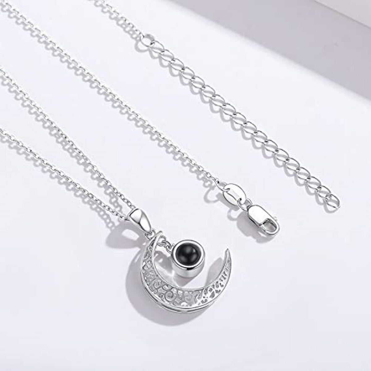 Sterling Silver Circular Shaped Projection Stone Personalized Projection & Moon Pendant Necklace-3