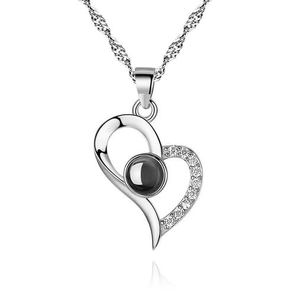 Sterling Silver Circular Shaped Projection Stone Personalized Photo & Heart Pendant Necklace-1