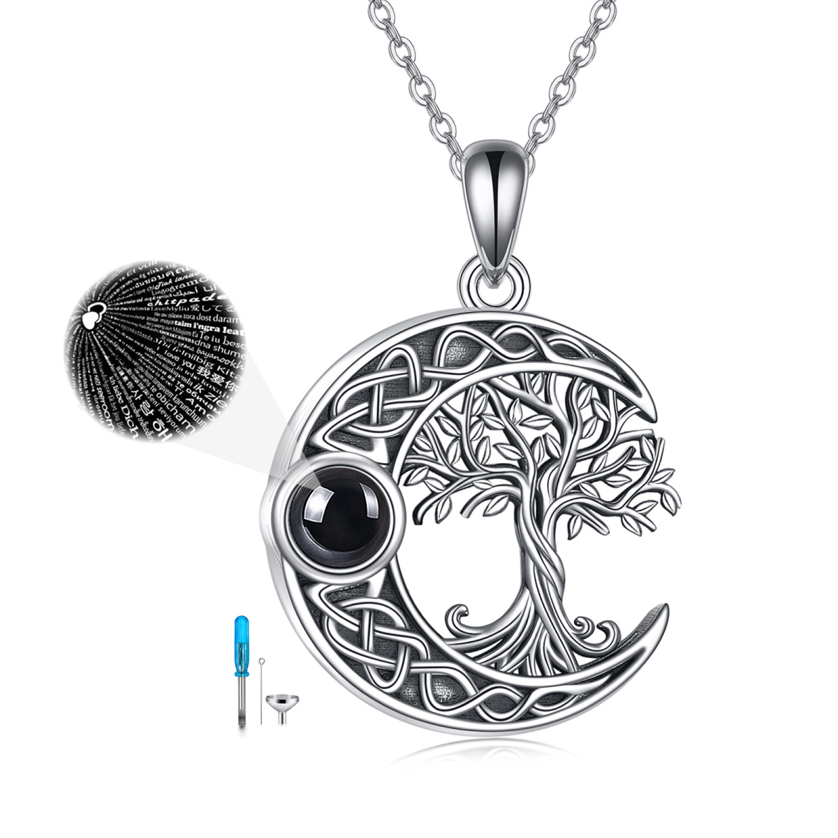 Sterling Silver Circular Projection Stone Tree Of Life & Celtic Knot & Moon Engraved Word Urn Necklace For Ashes For Women Best Friends-1