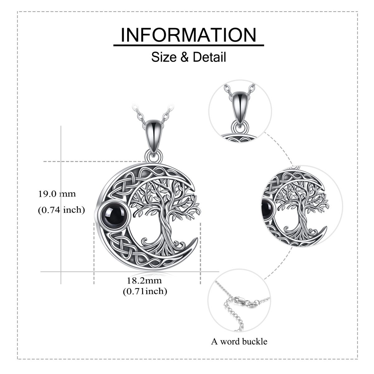 Urnen-Halskette aus Sterlingsilber mit rundem Projektionsstein, Baum des Lebens, keltischer Knoten und Mond, mit eingraviertem Wort für Asche, für Frauen, beste Freunde-3