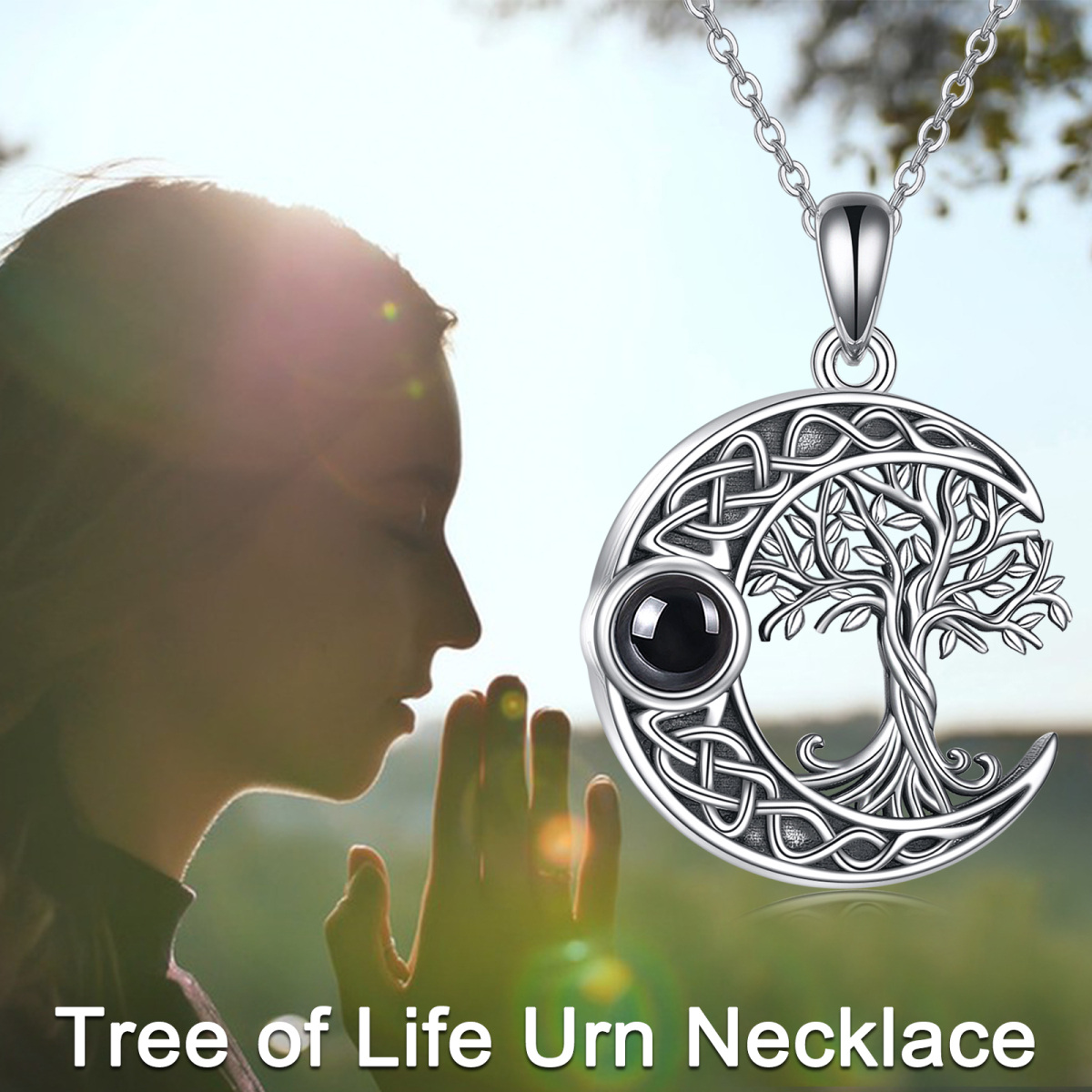 Sterling Silver Circular Projection Stone Tree Of Life & Celtic Knot & Moon Engraved Word Urn Necklace For Ashes For Women Best Friends-4