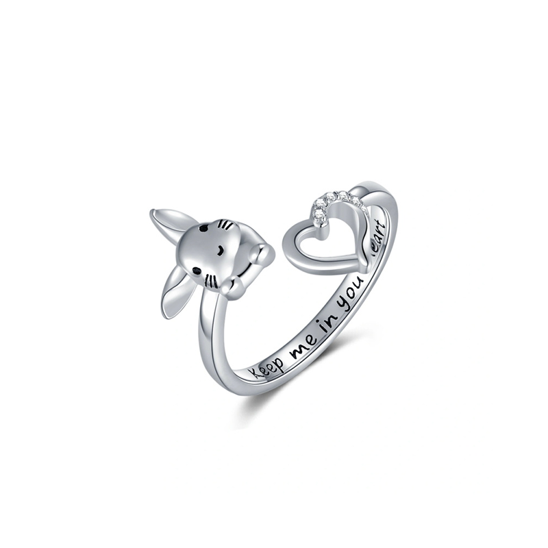 Sterling Silver Round Shaped Cubic Zirconia Rabbit & Heart Open Ring with Engraved Word-1