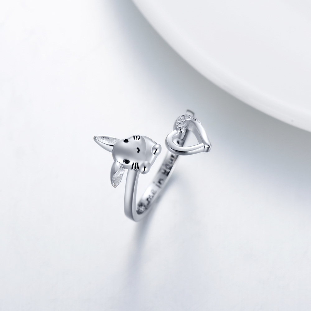 Sterling Silver Round Shaped Cubic Zirconia Rabbit & Heart Open Ring with Engraved Word-3