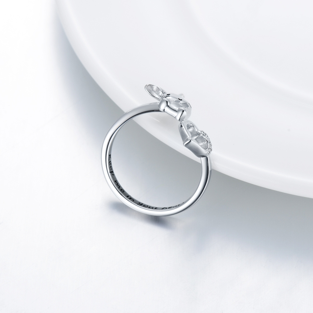 Sterling Silver Round Shaped Cubic Zirconia Rabbit & Heart Open Ring with Engraved Word-4
