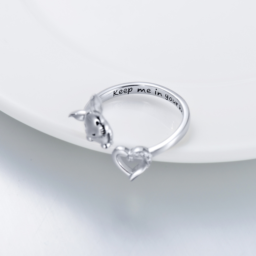 Sterling Silver Round Shaped Cubic Zirconia Rabbit & Heart Open Ring with Engraved Word-5