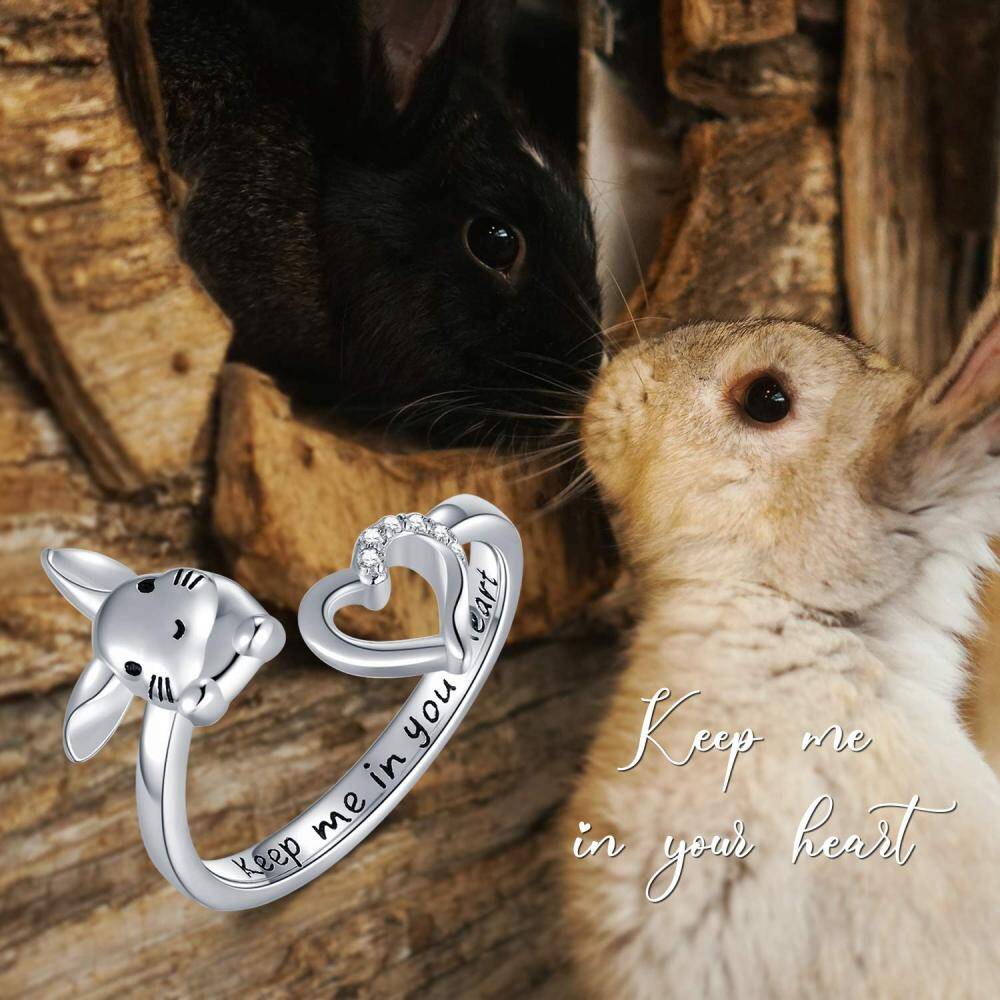 Sterling Silver Round Shaped Cubic Zirconia Rabbit & Heart Open Ring with Engraved Word-6