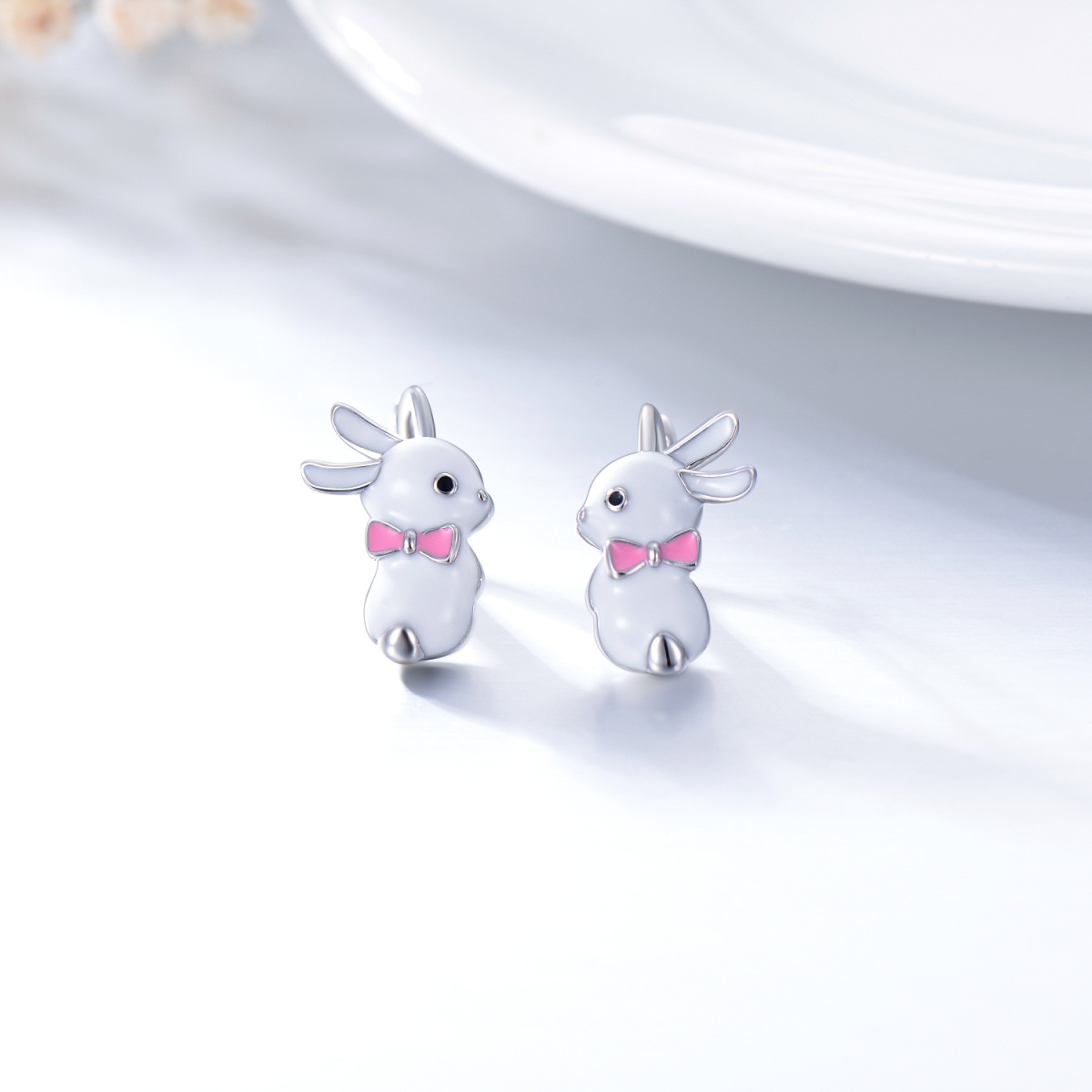 Sterling Silver Circular Shaped Rabbit Hoop Earrings-3