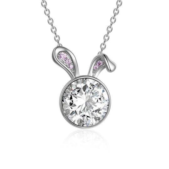 Sterling Silver Circular Shaped Cubic Zirconia Rabbit Pendant Necklace