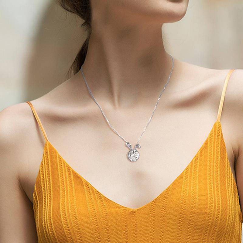 Sterling Silver Circular Shaped Cubic Zirconia Rabbit Pendant Necklace-2