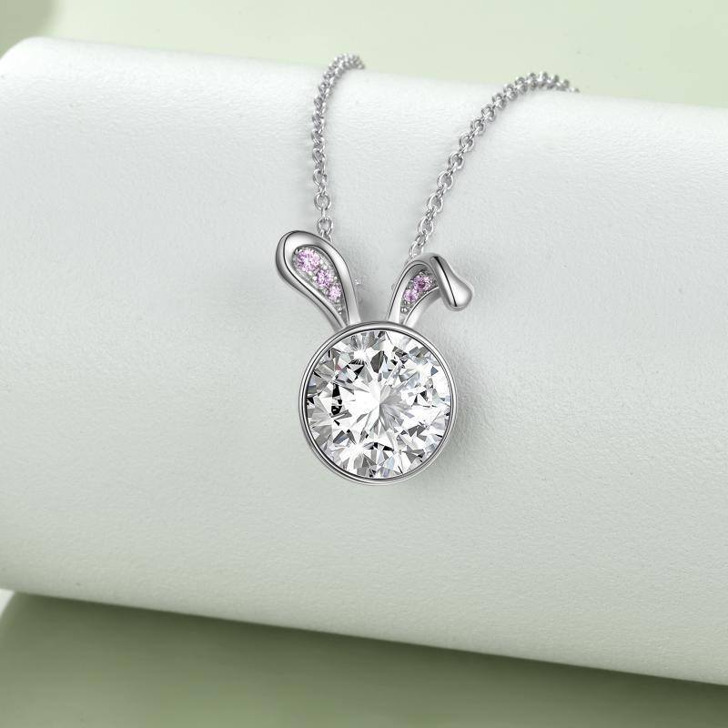 Sterling Silver Circular Shaped Cubic Zirconia Rabbit Pendant Necklace-3