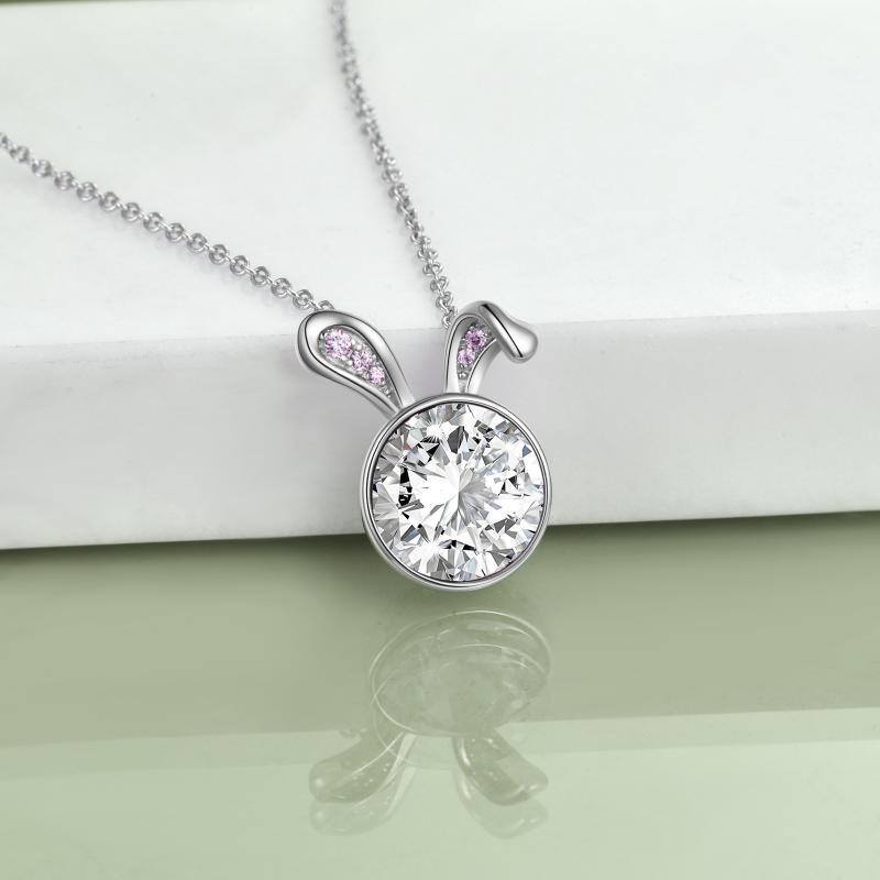 Sterling Silver Circular Shaped Cubic Zirconia Rabbit Pendant Necklace-4