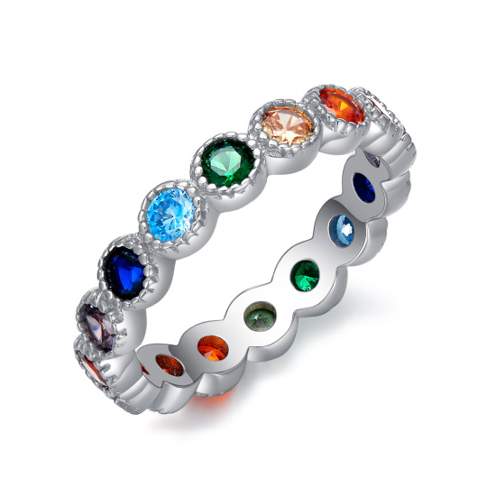 Sterling Silver Circular Shaped Cubic Zirconia Rainbow Ring