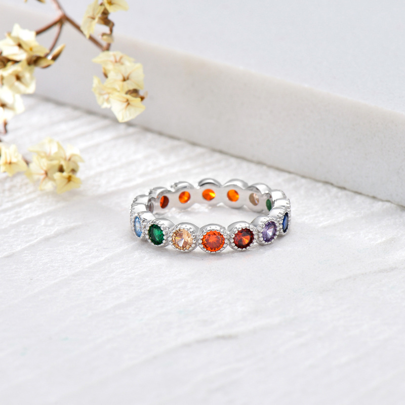 Anel de arco-íris com chakras de zircônia cúbica em formato circular de prata esterlina-3