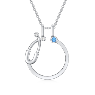 Sterling Silver Circular Shaped Cubic Zirconia Ring Holder & Stethoscope Pendant Necklace-20