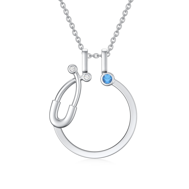 Sterling Silver Circular Shaped Cubic Zirconia Ring Holder & Stethoscope Pendant Necklace-11