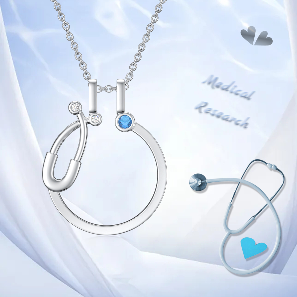 Sterling Silver Circular Shaped Cubic Zirconia Ring Holder & Stethoscope Pendant Necklace-3