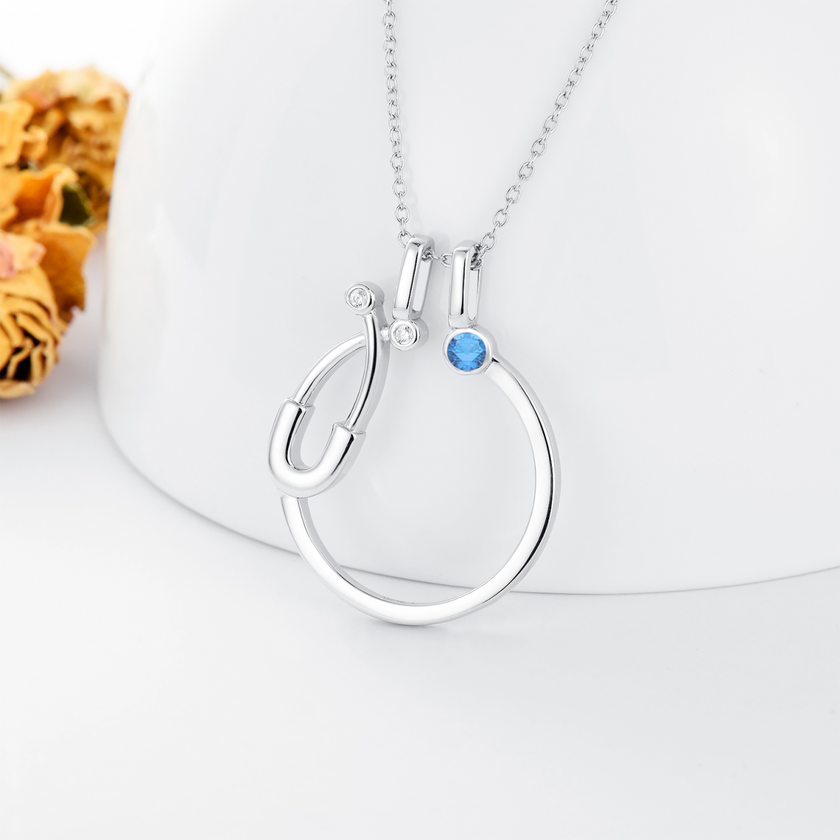 Sterling Silver Circular Shaped Cubic Zirconia Ring Holder & Stethoscope Pendant Necklace-4