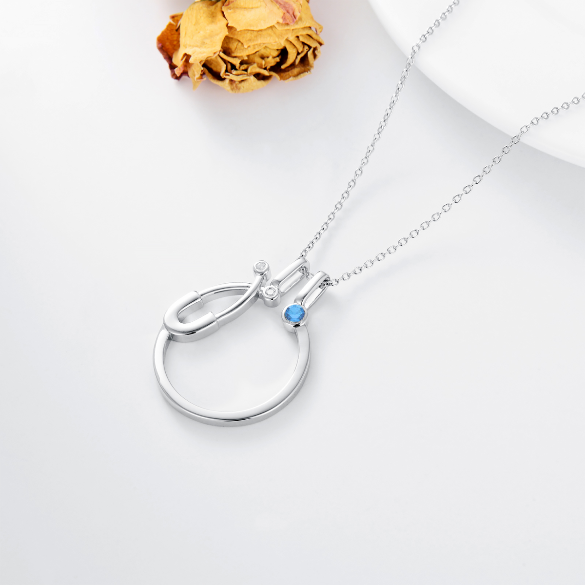 Sterling Silver Circular Shaped Cubic Zirconia Ring Holder & Stethoscope Pendant Necklace-5
