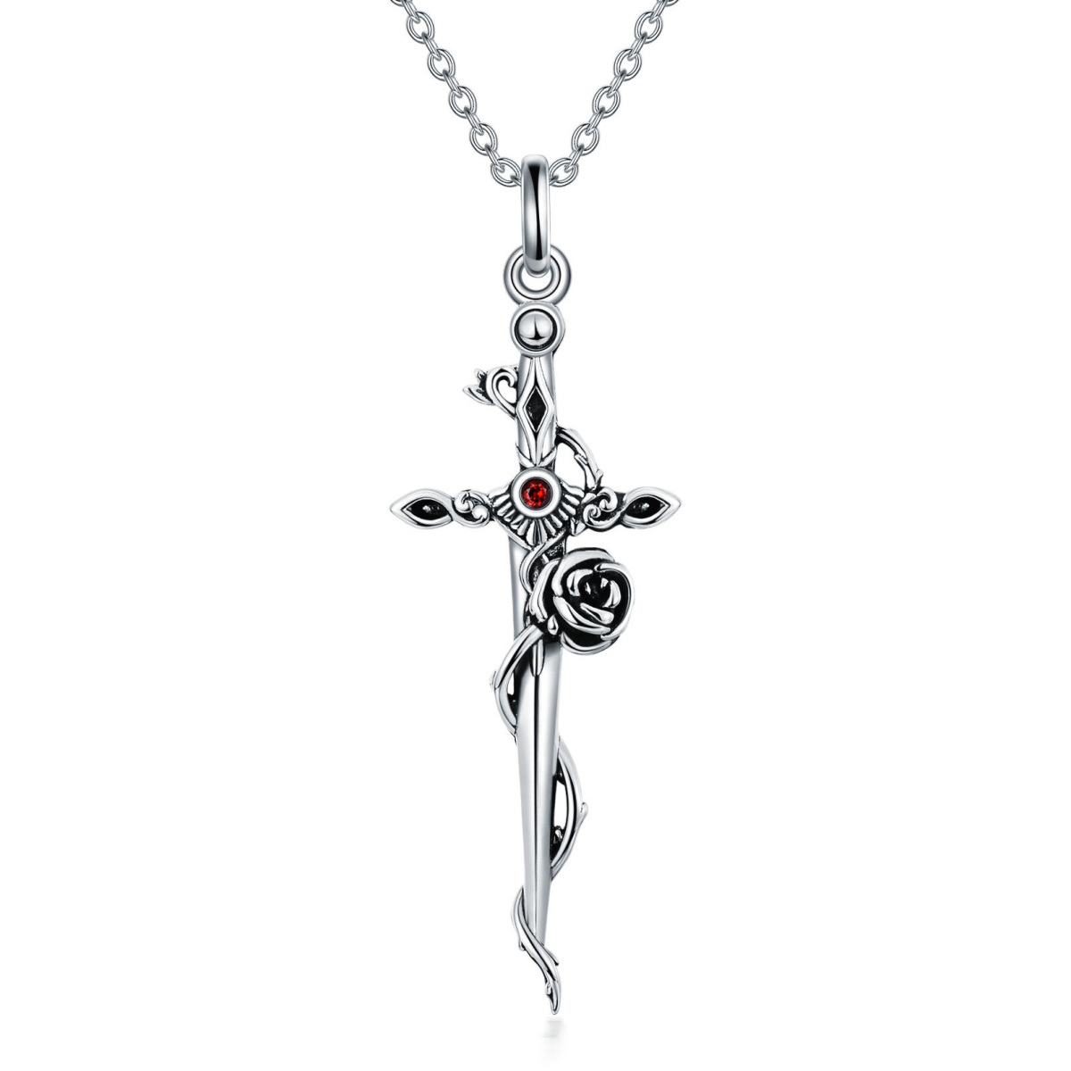 Sterling Silver Circular Cubic Zirconia Rose With Cross With Sword Pendant Necklace For Women-1