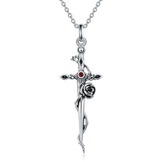 Sterling Silver Circular Cubic Zirconia Rose With Cross With Sword Pendant Necklace For Women-40