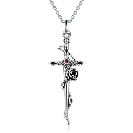 Sterling Silver Circular Cubic Zirconia Rose With Cross With Sword Pendant Necklace For Women