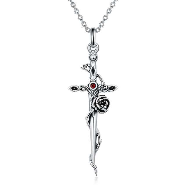 Sterling Silver Circular Shaped Cubic Zirconia Rose & Cross & Sword Pendant Necklace-2