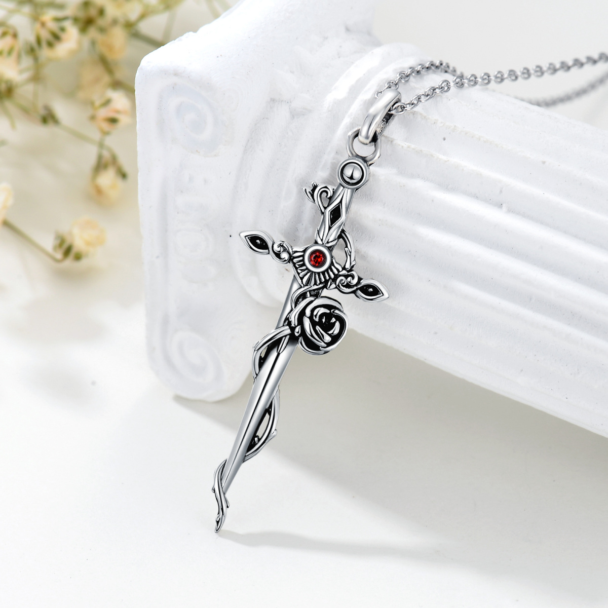 Sterling Silver Circular Cubic Zirconia Rose With Cross With Sword Pendant Necklace For Women-3