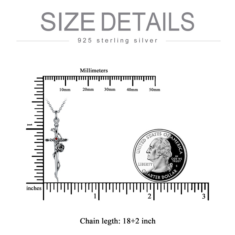 Collier avec pendentif en forme de rose circulaire en argent sterling avec croix et épée pour femme-4