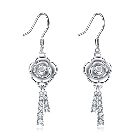 Sterling Silver Circular Shaped Cubic Zirconia Rose Drop Earrings