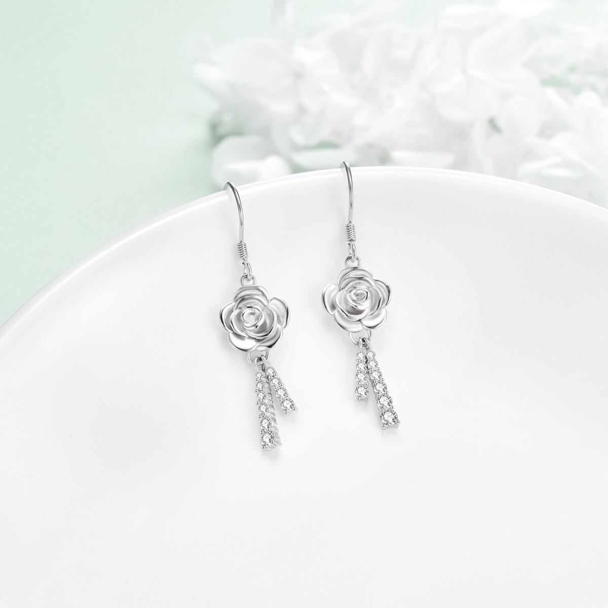 Boucles d'oreilles pendantes en argent sterling avec zircon cubique en forme de rose-3