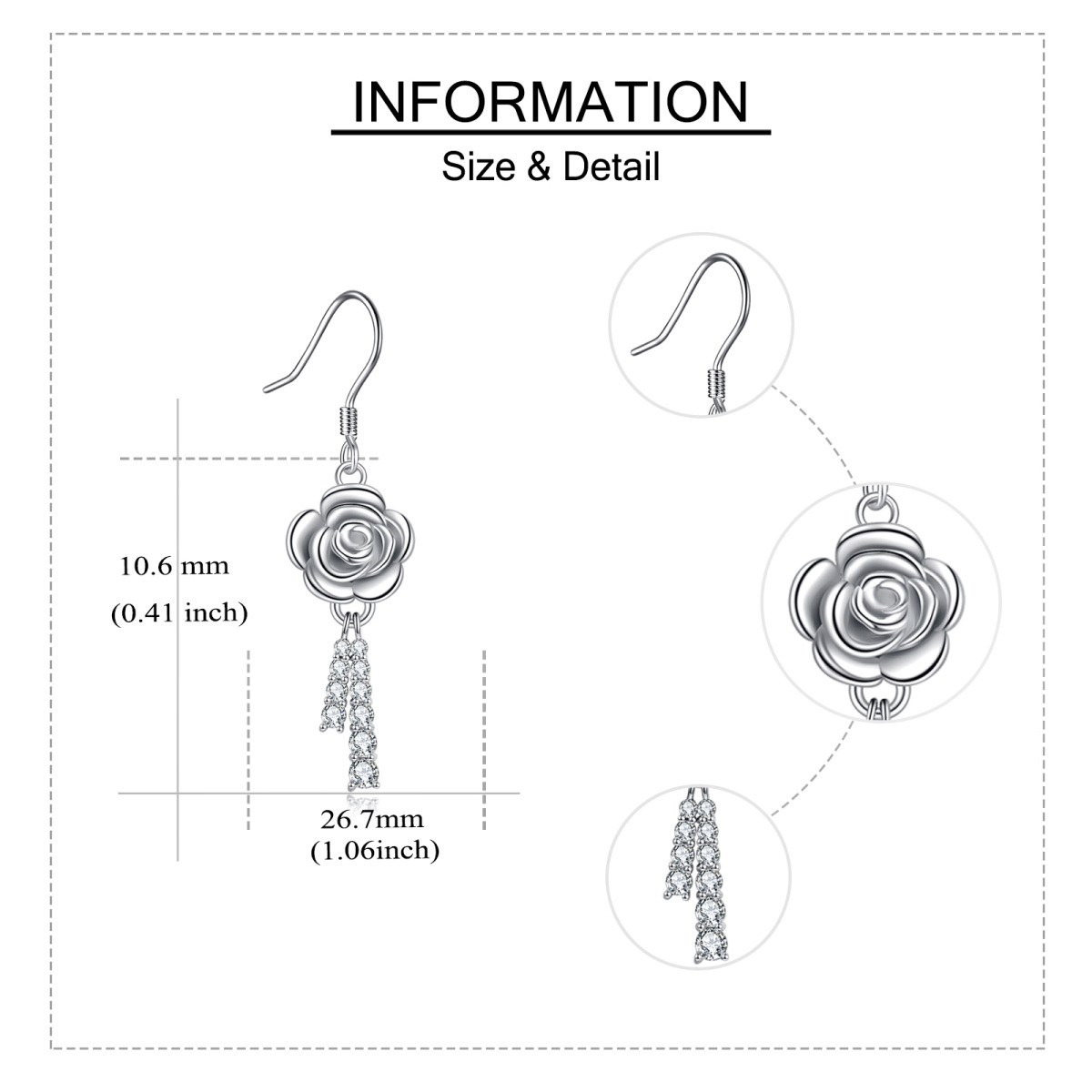 Boucles d'oreilles pendantes en argent sterling avec zircon cubique en forme de rose-5