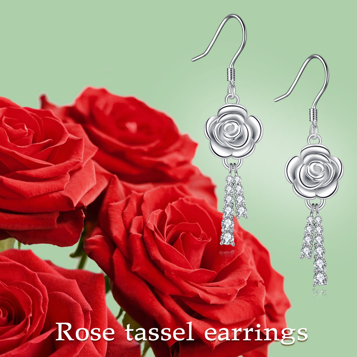 Sterling Silver Circular Shaped Cubic Zirconia Rose Drop Earrings-6