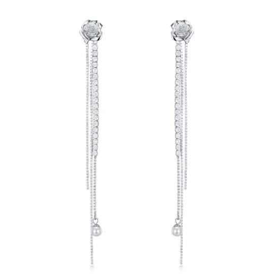 Boucles d'oreilles pendantes en argent sterling avec zircon cubique en forme de rose