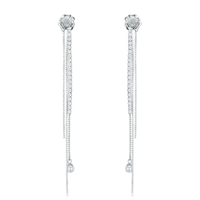 Sterling Silber kreisförmig Cubic Zirkonia Rose Tropfen Ohrringe-1