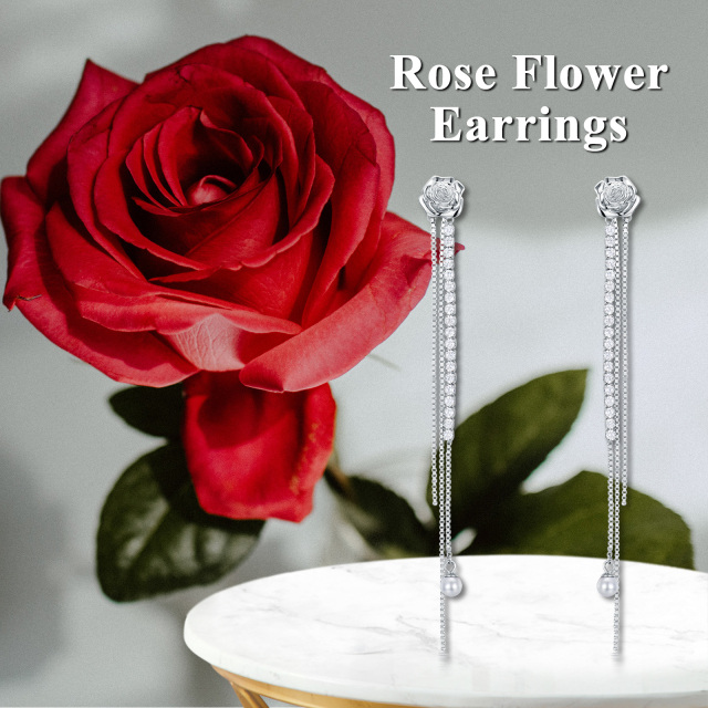 Boucles d'oreilles pendantes en argent sterling avec zircon cubique en forme de rose-7