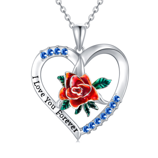 Sterling Silver Circular Shaped Cubic Zirconia Rose & Heart Pendant Necklace