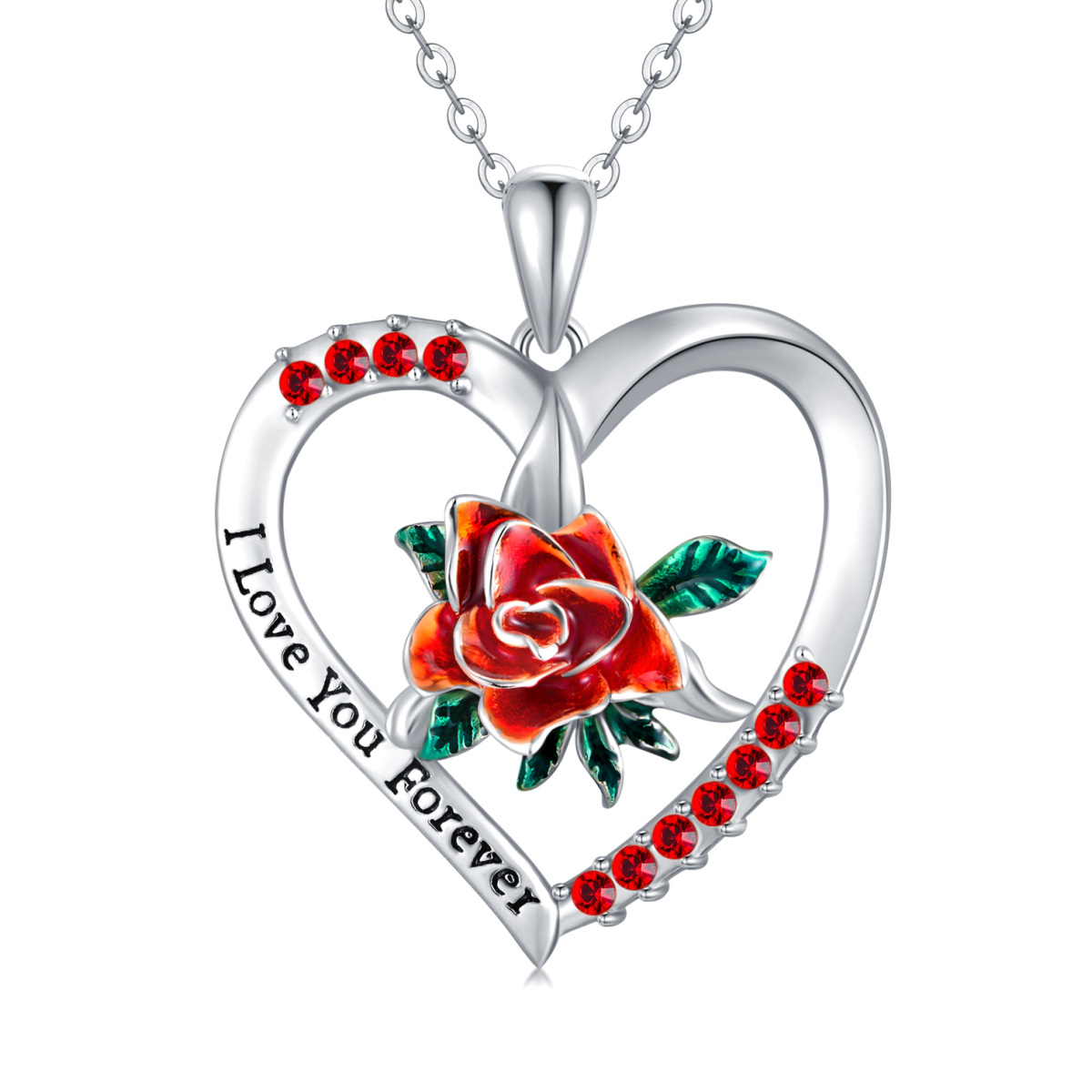 Sterling Silver Cubic Zirconia Rose & Heart Pendant Necklace-1