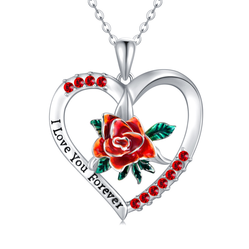 Sterling Silver Cubic Zirconia Rose & Heart Pendant Necklace-8