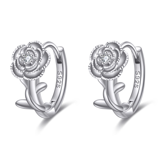 Sterling Silver Circular Shaped Cubic Zirconia Rose Hoop Earrings