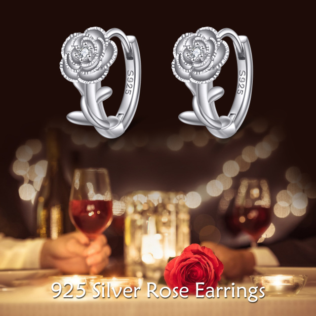 Sterling Silver Circular Shaped Cubic Zirconia Rose Hoop Earrings-6