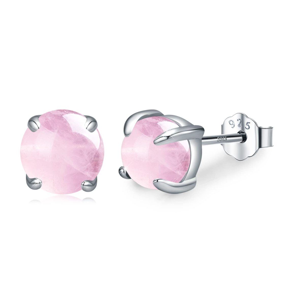 Sterling Silver Circular Shaped Rose Quartz Round Stud Earrings-1