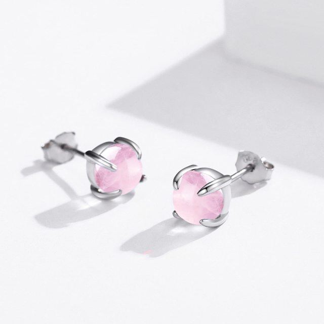 Sterling Silver Circular Shaped Rose Quartz Round Stud Earrings-4