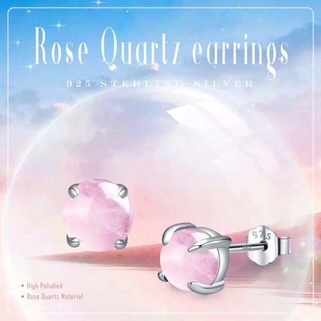 Sterling Silver Circular Shaped Rose Quartz Round Stud Earrings-5